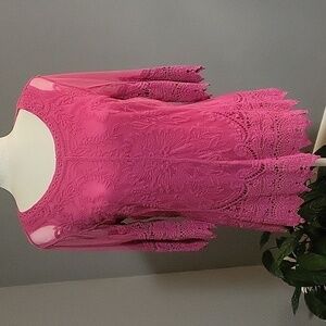 Ultra Pink 3/4 Sleeve Pink Tank with Sheer Embroidered Lace Overlay - Size S